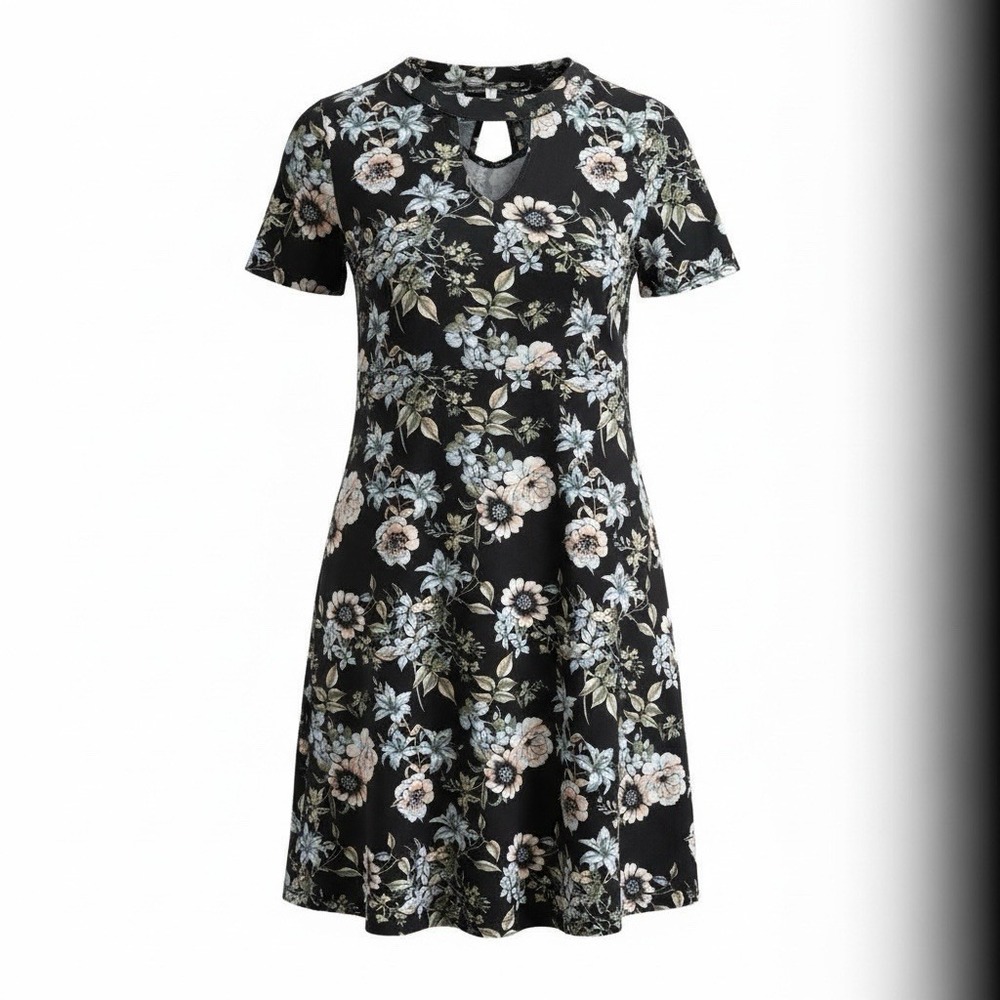 Sauci Womens Floral Mini Shift Dress Large Tie Back Casual Black Stretch Comfort